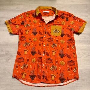 Theo Masters Orange Halloween Fall Theme Button Down Shirt 100% Cotton Men's XL